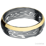 7 mm wide/Domed/Kinetic band with one 2 mm Off Center Edge inlay of 14K Yellow Gold.