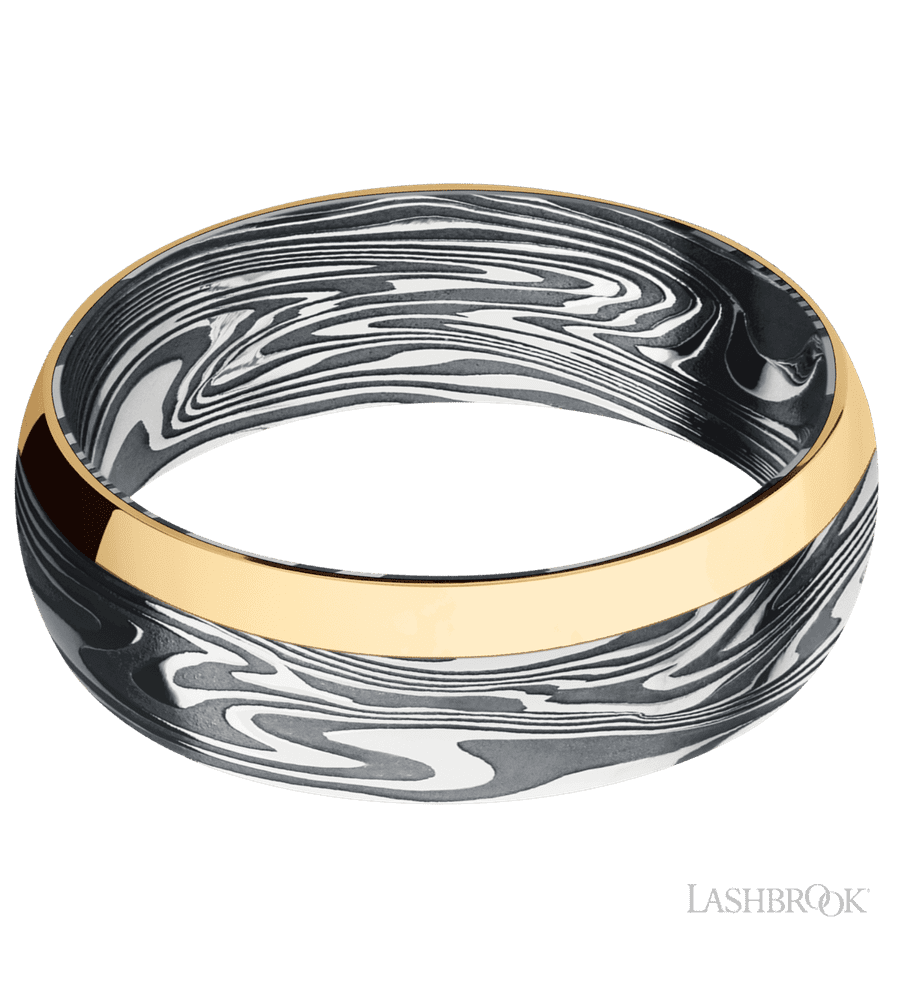 7 mm wide/Domed/Kinetic band with one 2 mm Off Center Edge inlay of 14K Yellow Gold.