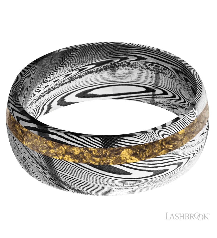 8 mm wide/Domed/Tightweave band with one 2 mm Off Center inlay of Alaskan Gold Nugget.