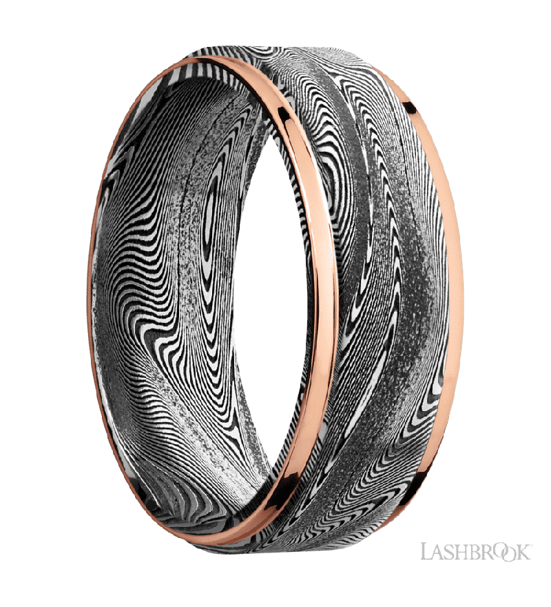 8 mm wide/Flat Grooved Edges/Tightweave band with two 1 mm Edge inlays of 14K Rose Gold.