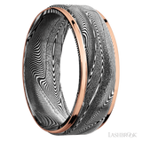 8 mm wide/Flat Grooved Edges/Tightweave band with two 1 mm Edge inlays of 14K Rose Gold.