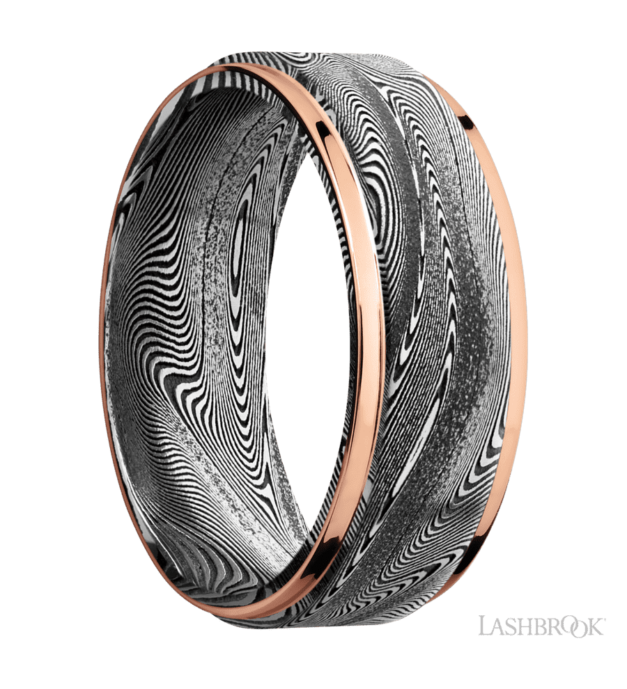 8 mm wide/Flat Grooved Edges/Tightweave band with two 1 mm Edge inlays of 14K Rose Gold.