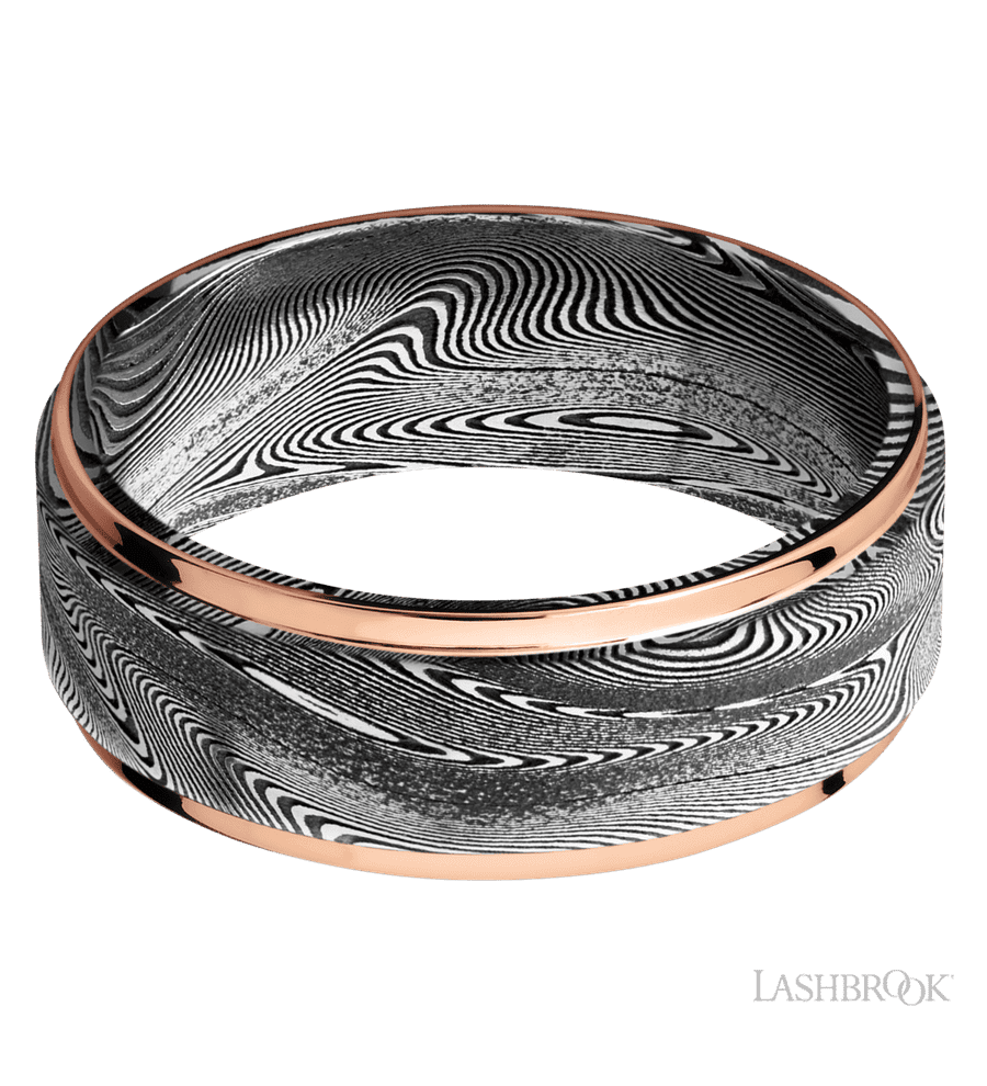8 mm wide/Flat Grooved Edges/Tightweave band with two 1 mm Edge inlays of 14K Rose Gold.