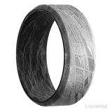8 mm wide Beveled Meteorite band featuring a Forged Carbon Fiber sleeve.