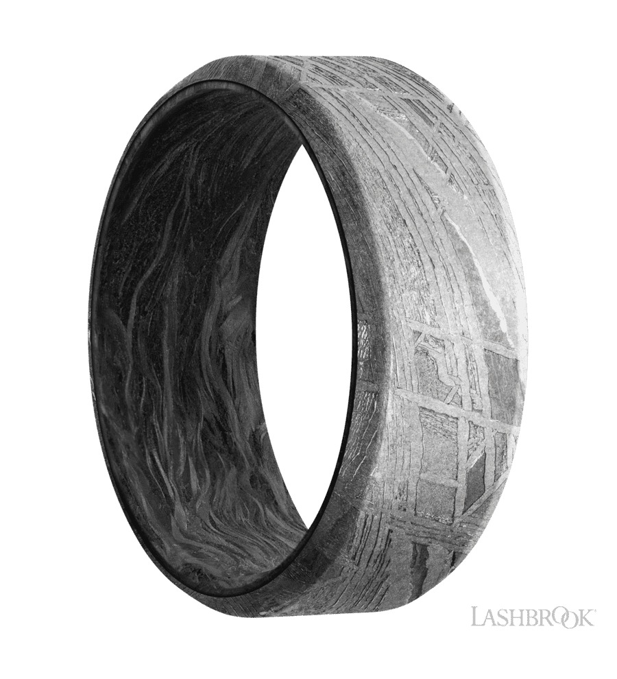 8 mm wide Beveled Meteorite band featuring a Forged Carbon Fiber sleeve.