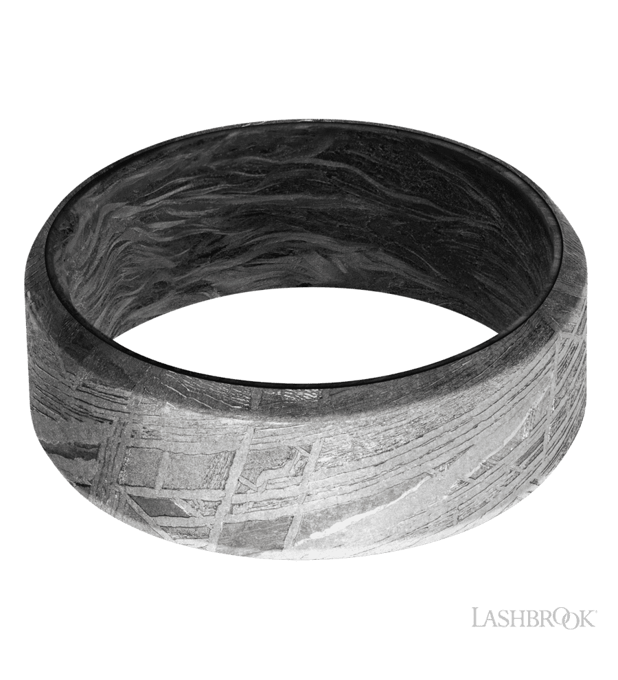 8 mm wide Beveled Meteorite band featuring a Forged Carbon Fiber sleeve.