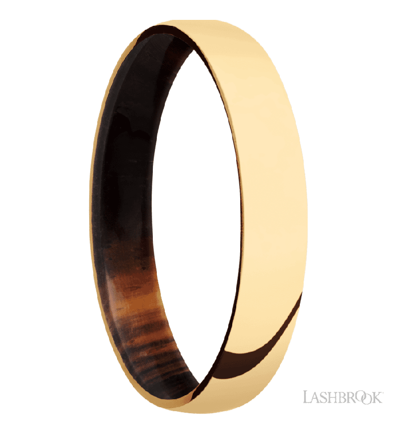4 mm wide Domed 14K Yellow Gold band featuring a Cocobolo sleeve.