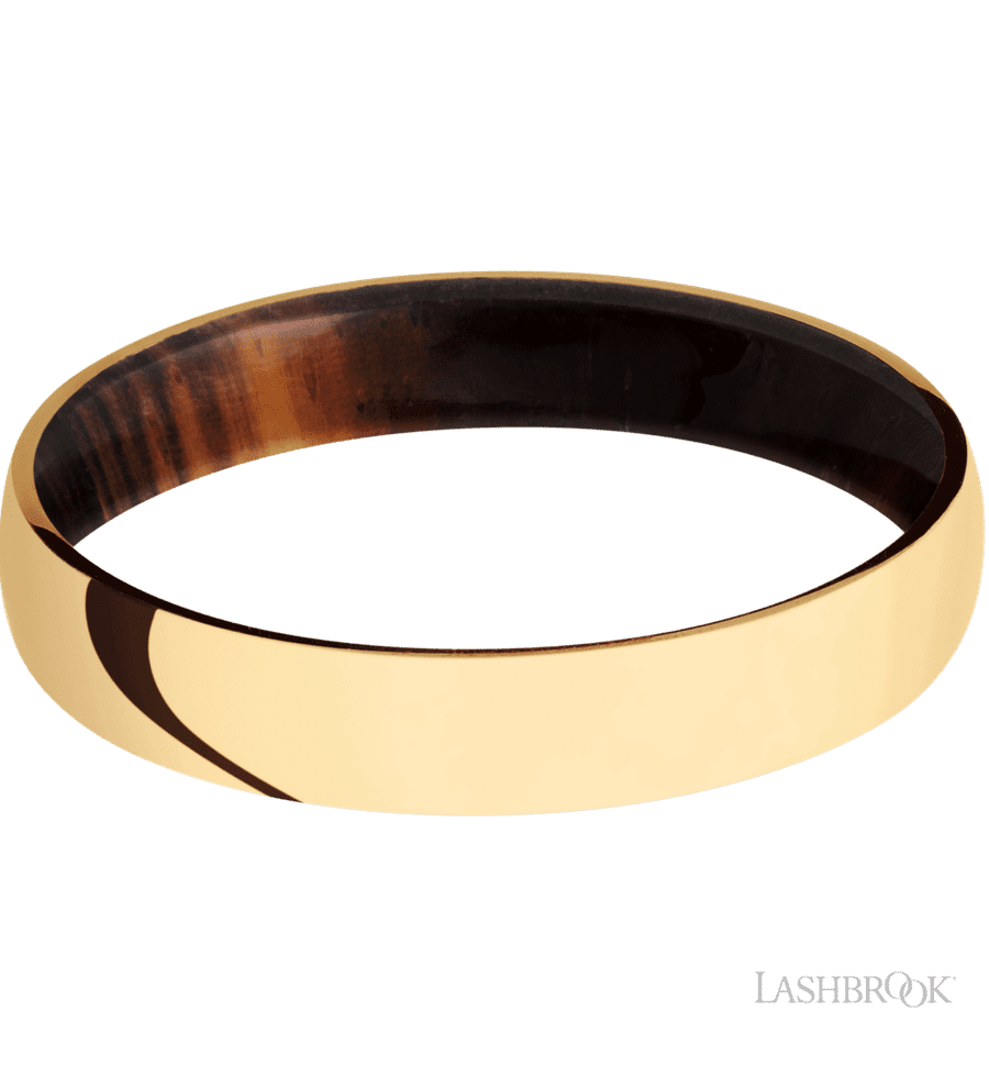 4 mm wide Domed 14K Yellow Gold band featuring a Cocobolo sleeve.