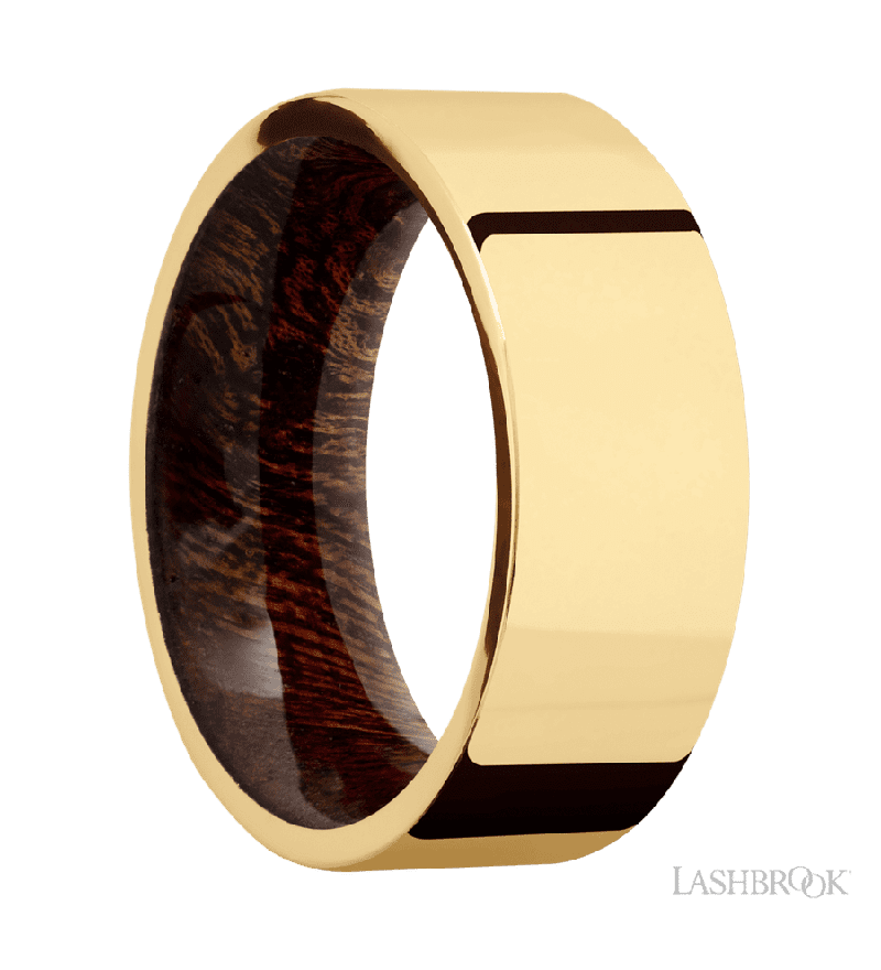 8 mm wide Flat 14K Yellow Gold band featuring a Sapele sleeve.