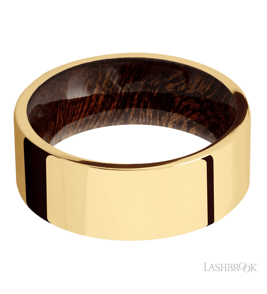 8 mm wide Flat 14K Yellow Gold band featuring a Sapele sleeve.