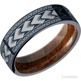 7 mm wide/Flat/Tantalum band with a laser carved Maori pattern also featuring a Koa sleeve.