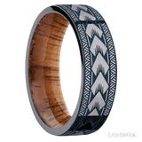 7 mm wide/Flat/Tantalum band with a laser carved Maori pattern also featuring a Koa sleeve.