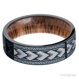 7 mm wide/Flat/Tantalum band with a laser carved Maori pattern also featuring a Koa sleeve.
