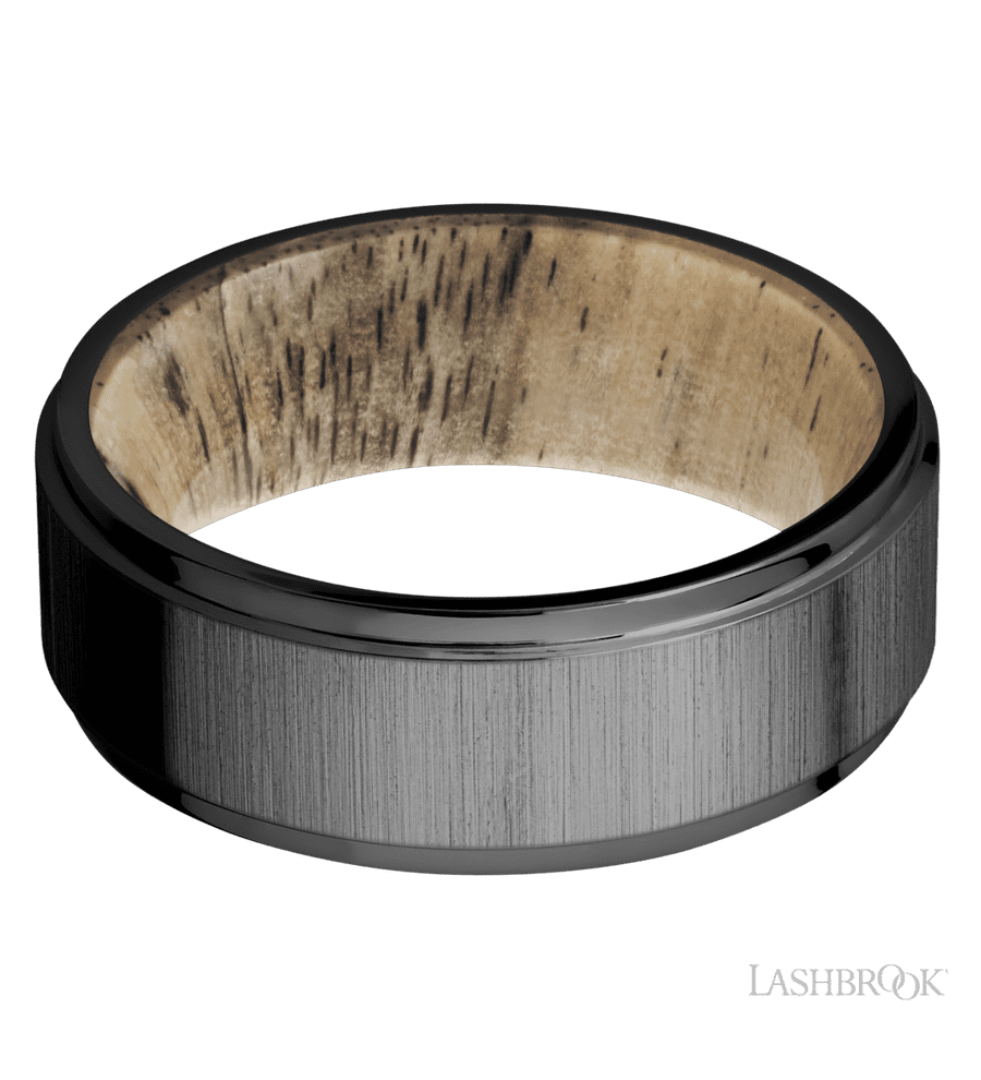 8 mm wide Flat Grooved Edges Zirconium band featuring a Spalted Tamarind sleeve.