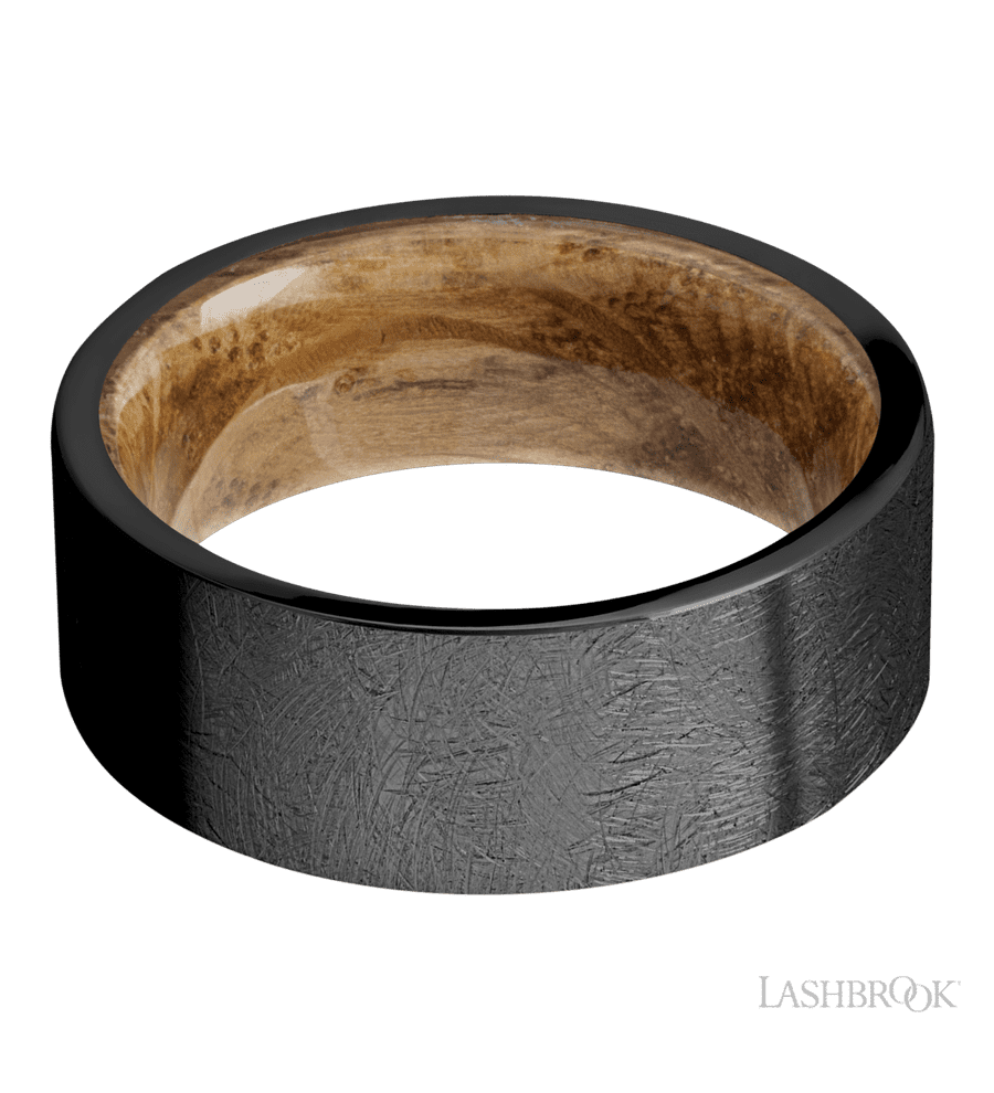 8 mm wide Flat Zirconium band featuring a Whiskey Barrel sleeve.