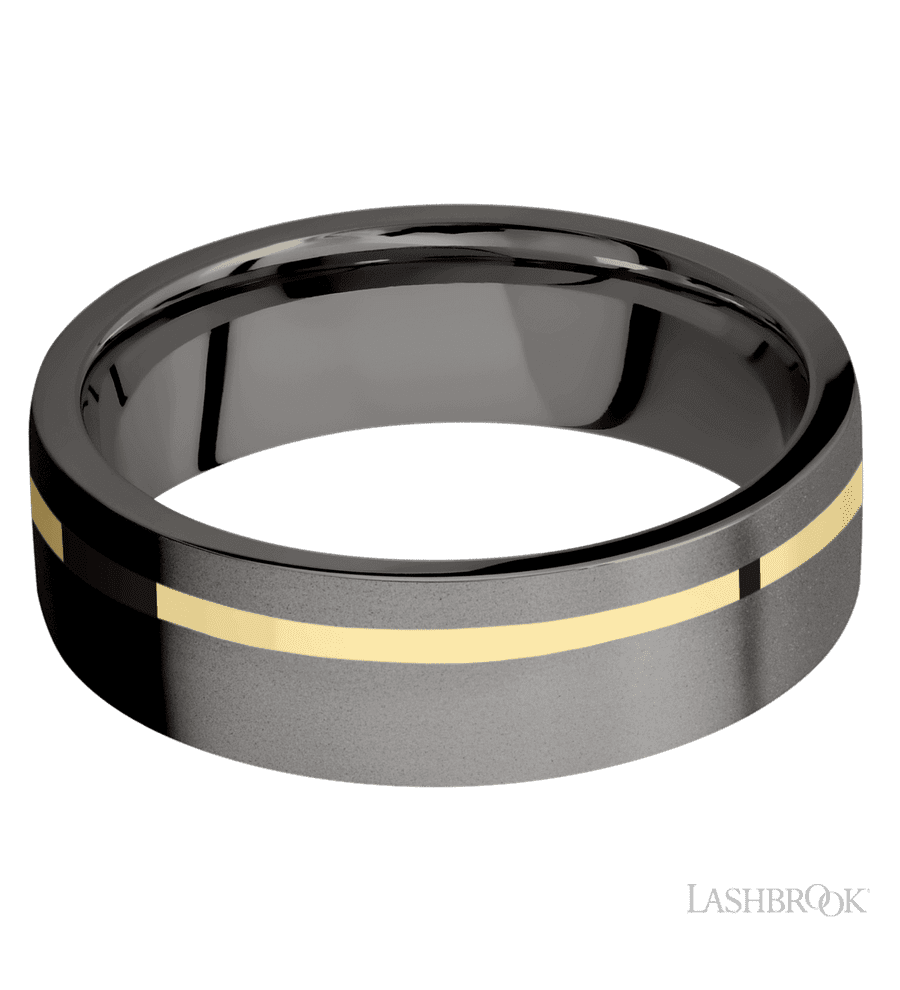 7 mm wide/Flat/Tantalum Noir band with one 1 mm Off Center inlay of 14K Yellow Gold.