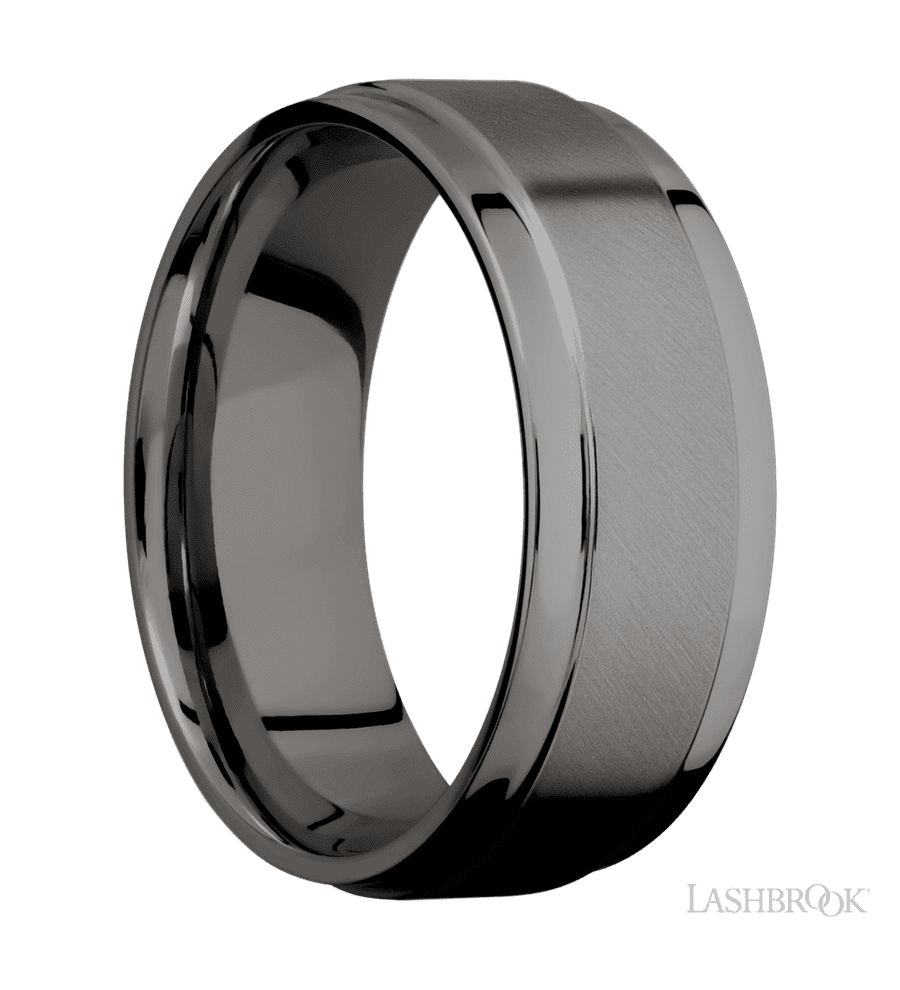 8 mm wide Flat Wide Grooved Edges Tantalum Noir band.