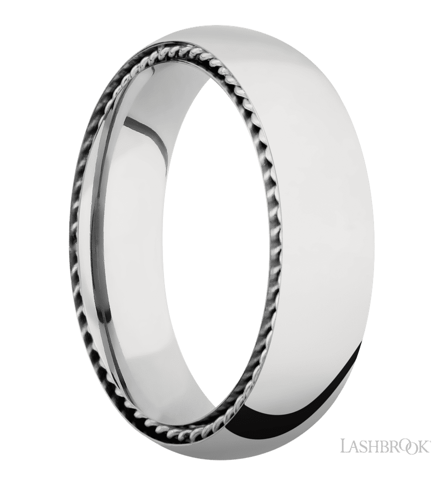 6 mm wide/Domed/14K White Gold band with two 1 mm Sidebraid inlays of 14K White Gold.