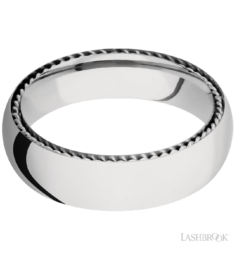 6 mm wide/Domed/14K White Gold band with two 1 mm Sidebraid inlays of 14K White Gold.