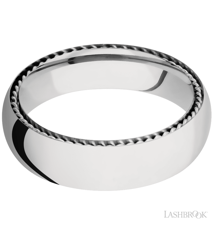 6 mm wide/Domed/14K White Gold band with two 1 mm Sidebraid inlays of 14K White Gold.