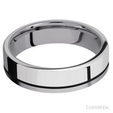 6 mm wide/Flat/Tantalum band with one 4 mm Off Center Edge inlay of Palladium Silver.