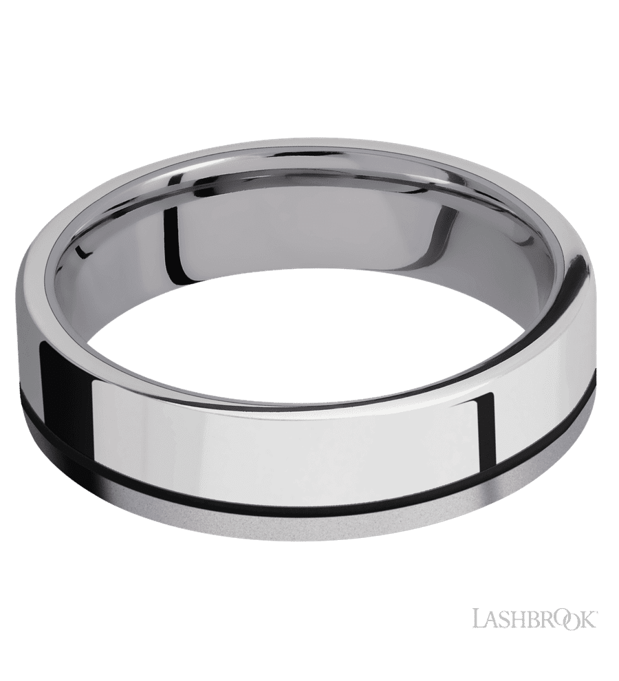 6 mm wide/Flat/Tantalum band with one 4 mm Off Center Edge inlay of Palladium Silver.
