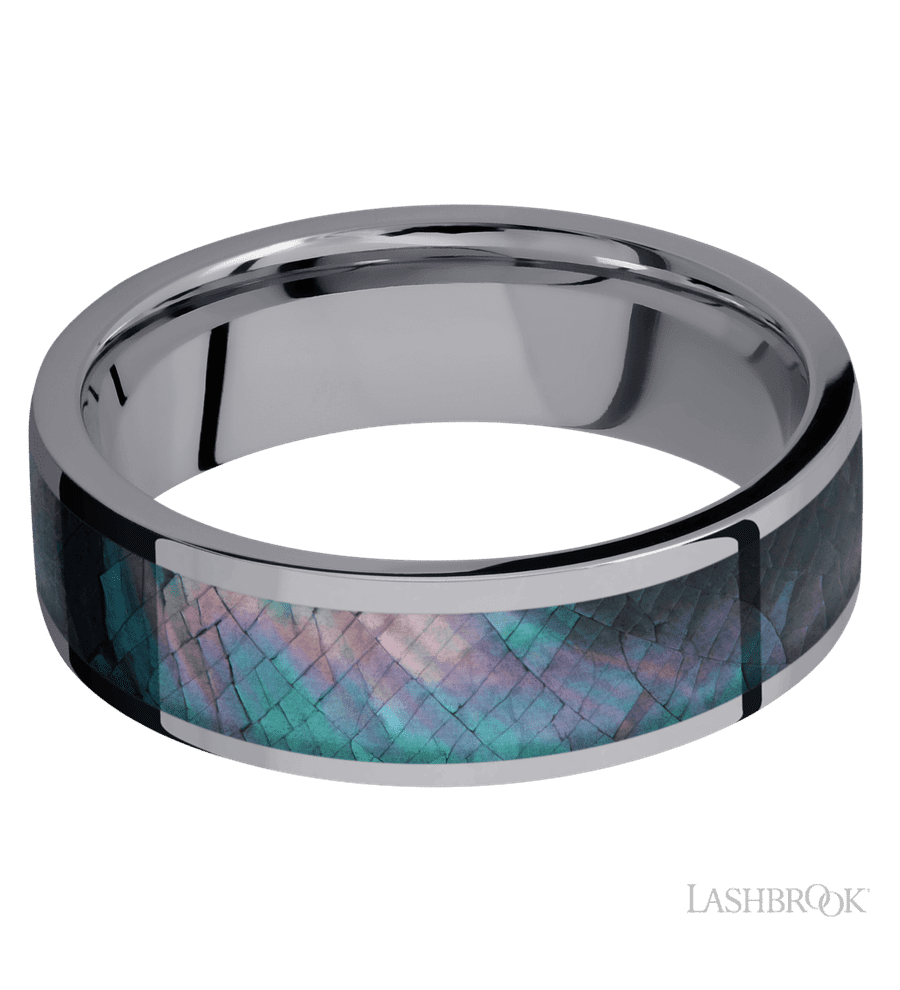 7 mm wide/Flat/Tantalum band with one 5 mm Centered inlay of Black Mother of Pearl.