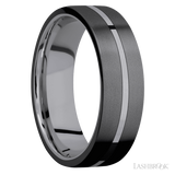 7 mm wide/Flat/Tantalum band with two 3 mm Double Off Center Edge inlays of Zirconium.