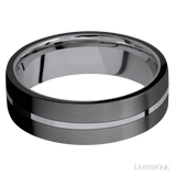7 mm wide/Flat/Tantalum band with two 3 mm Double Off Center Edge inlays of Zirconium.