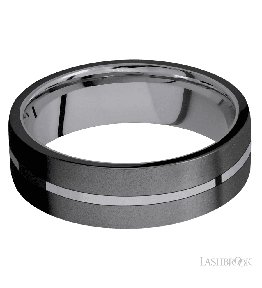 7 mm wide/Flat/Tantalum band with two 3 mm Double Off Center Edge inlays of Zirconium.