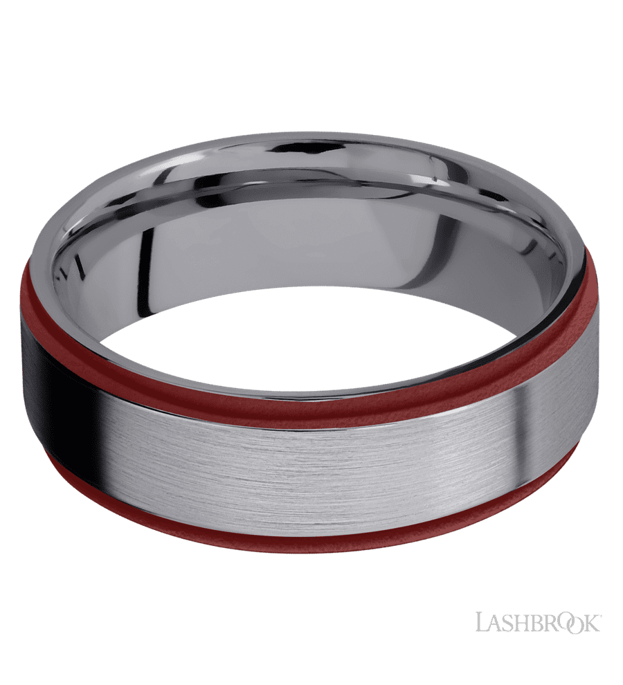 7 mm wide/Flat Grooved Edges/Tantalum band with two 1 mm Edge inlays of Crimson.