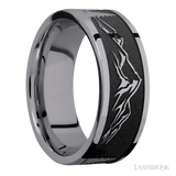 8 mm wide/Flat/Tantalum band with a laser carved Mountain 2 pattern.