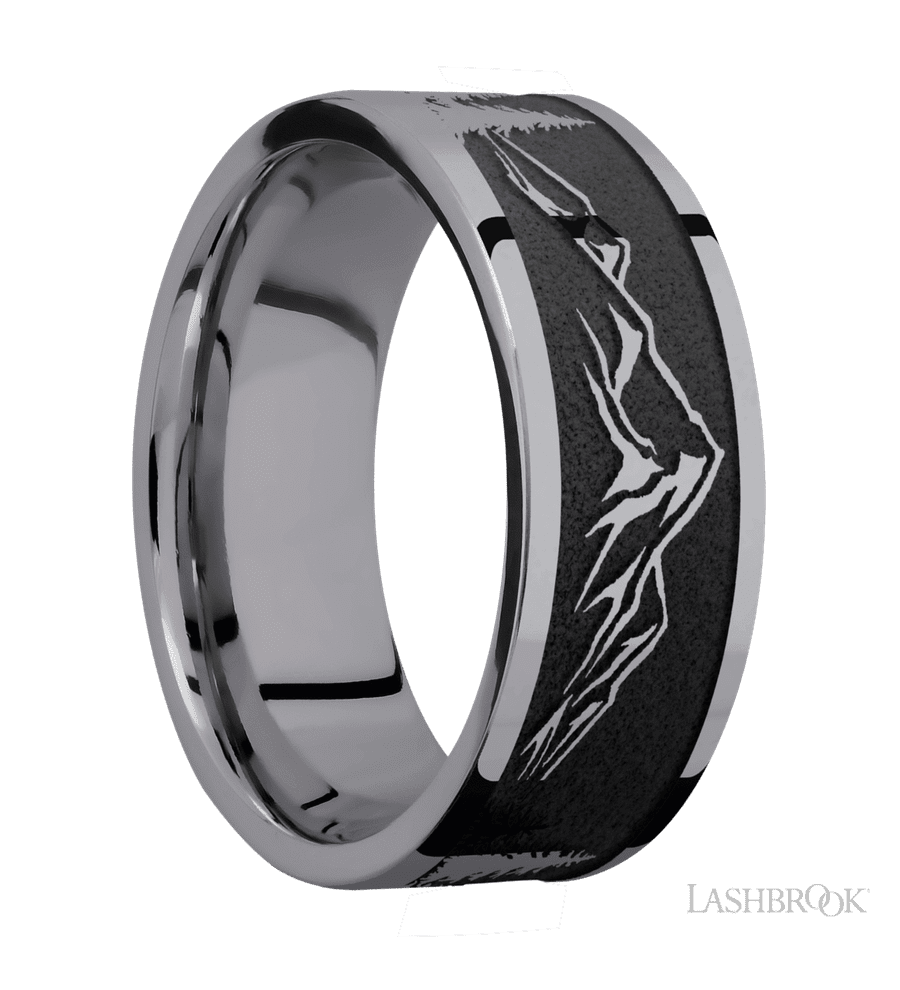 8 mm wide/Flat/Tantalum band with a laser carved Mountain 2 pattern.
