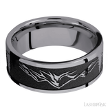 8 mm wide/Flat/Tantalum band with a laser carved Mountain 2 pattern.