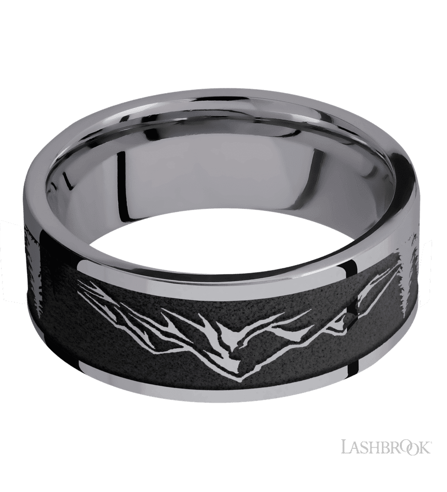 8 mm wide/Flat/Tantalum band with a laser carved Mountain 2 pattern.