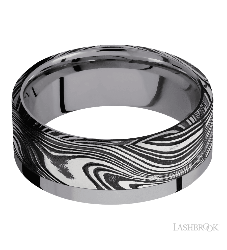 8 mm wide/Flat/Tantalum band with one 6 mm Off Center Edge inlay of Marble.