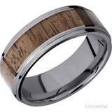 8 mm wide/Flat Grooved Edges/Tantalum band with one 5 mm Centered inlay of Walnut.