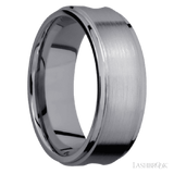 8 mm wide/Flat Grooved Edges/Tantalum band with one 5 mm Centered inlay of Walnut.