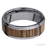 8 mm wide/Flat Grooved Edges/Tantalum band with one 5 mm Centered inlay of Walnut.