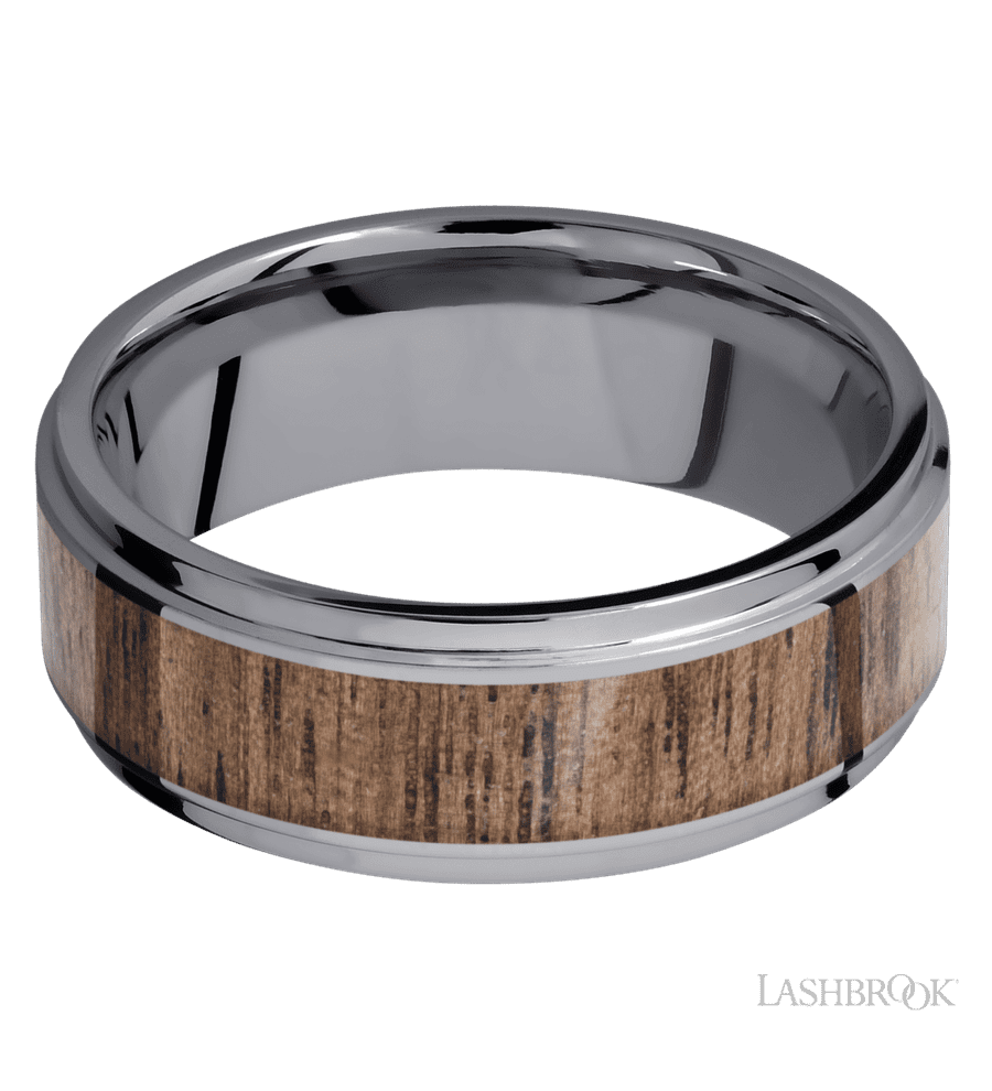 8 mm wide/Flat Grooved Edges/Tantalum band with one 5 mm Centered inlay of Walnut.