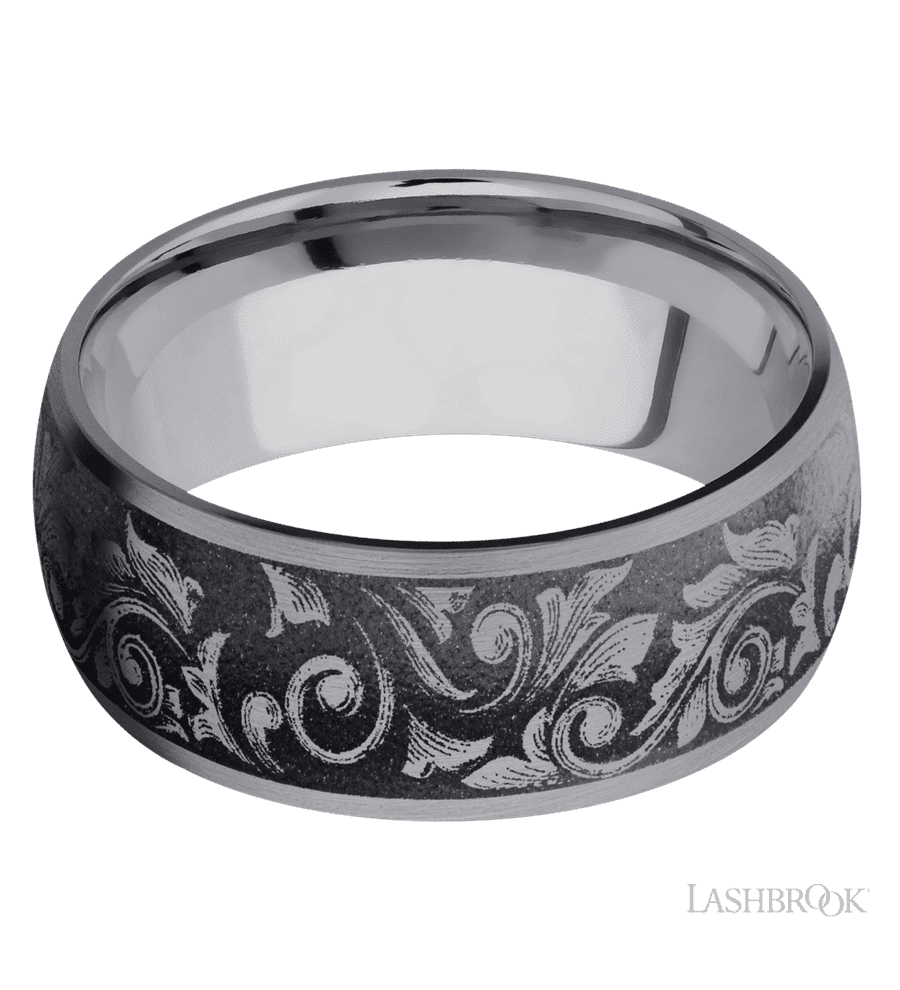 9 mm wide/Domed/Tantalum band with a laser carved Western Scroll pattern.