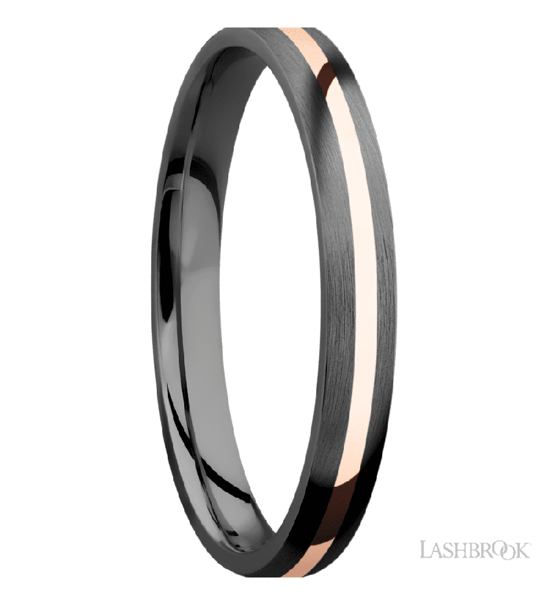 3 mm wide/Domed/Zirconium band with one 1 mm Centered inlay of 14K Rose Gold.