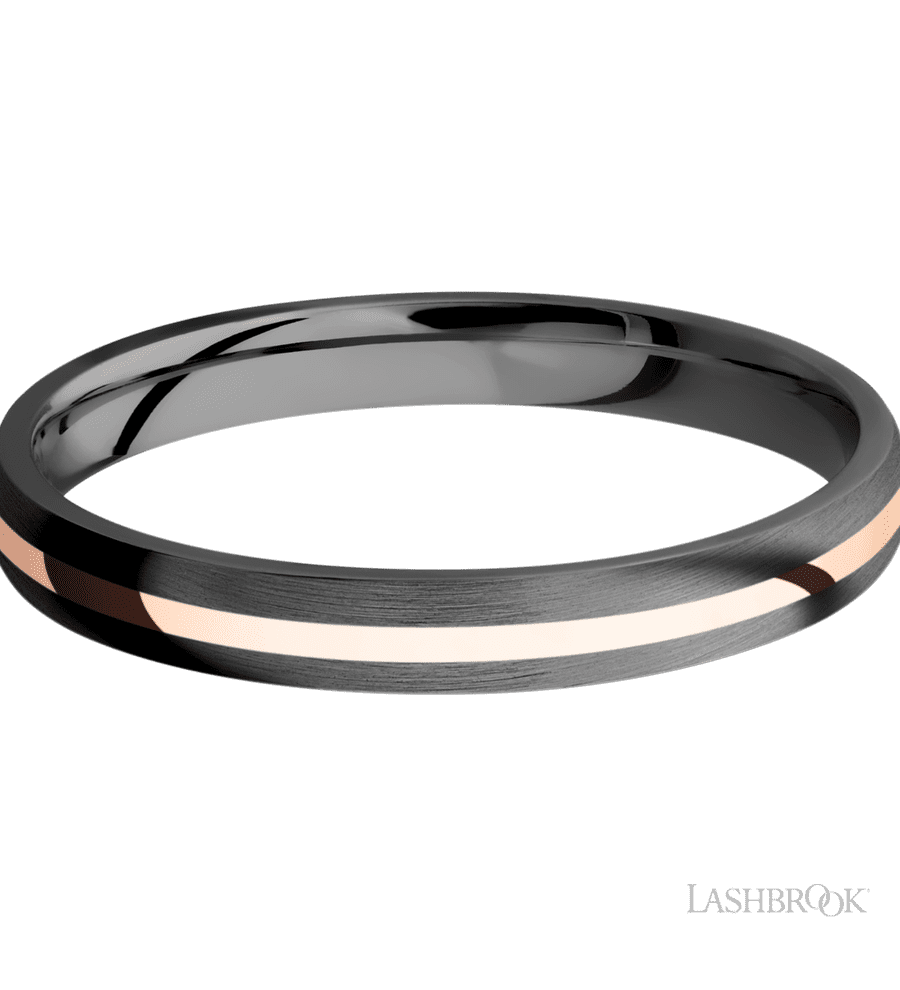 3 mm wide/Domed/Zirconium band with one 1 mm Centered inlay of 14K Rose Gold.