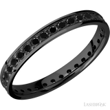 3 mm wide/Flat/Zirconium band with an Eternity arrangement of .03 carat Round Black Diamond stones in a Bead setting.
