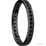 3 mm wide/Flat/Zirconium band with an Eternity arrangement of .03 carat Round Black Diamond stones in a Bead setting.