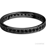 3 mm wide/Flat/Zirconium band with an Eternity arrangement of .03 carat Round Black Diamond stones in a Bead setting.