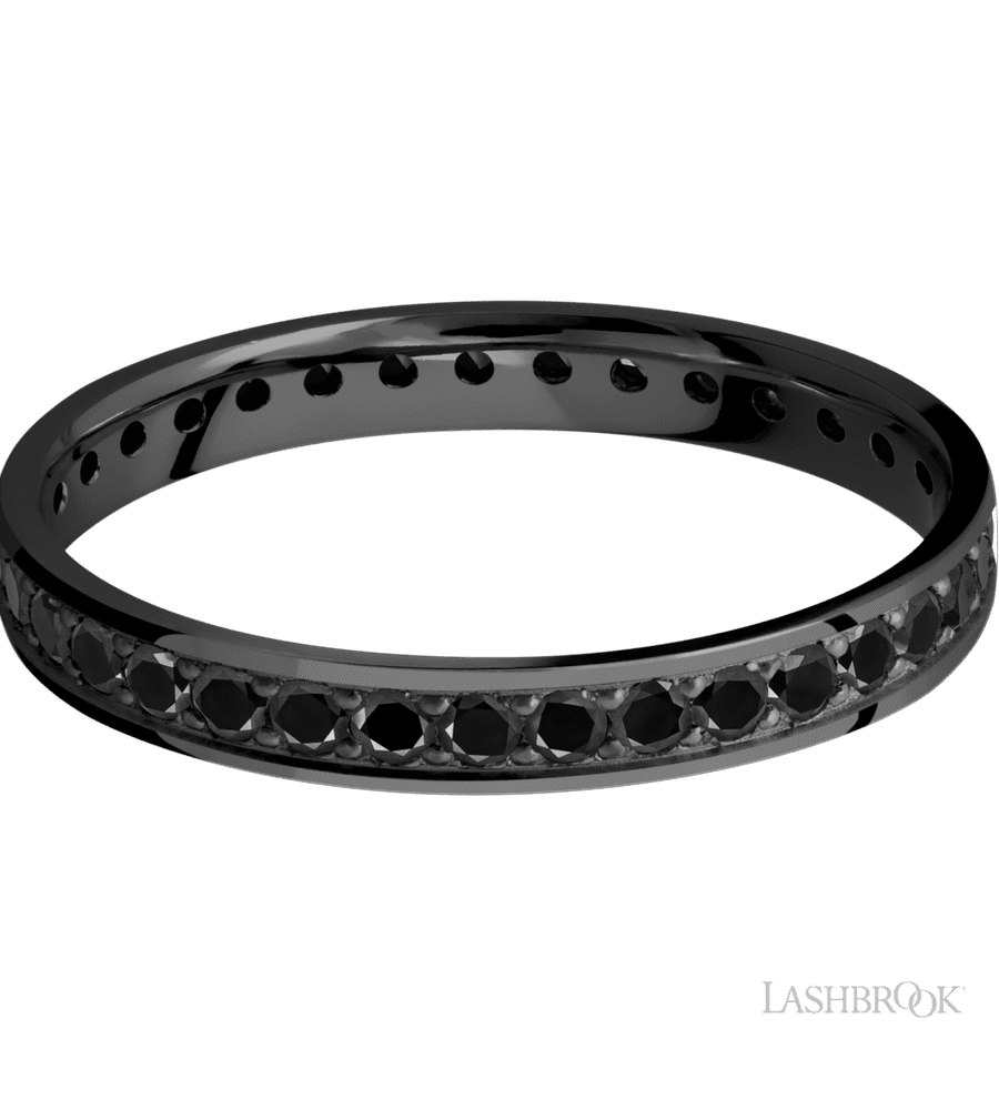 3 mm wide/Flat/Zirconium band with an Eternity arrangement of .03 carat Round Black Diamond stones in a Bead setting.