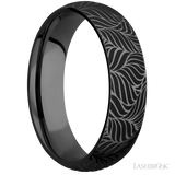 6 mm wide/Domed/Zirconium band with a laser carved Twisted Leaf pattern.