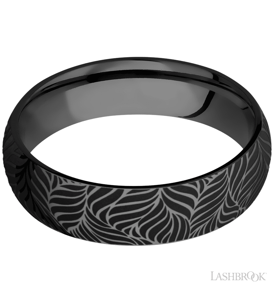 6 mm wide/Domed/Zirconium band with a laser carved Twisted Leaf pattern.
