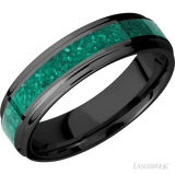 6 mm wide/Flat Grooved Edges/Zirconium band with one 3 mm Centered inlay of Malachite.